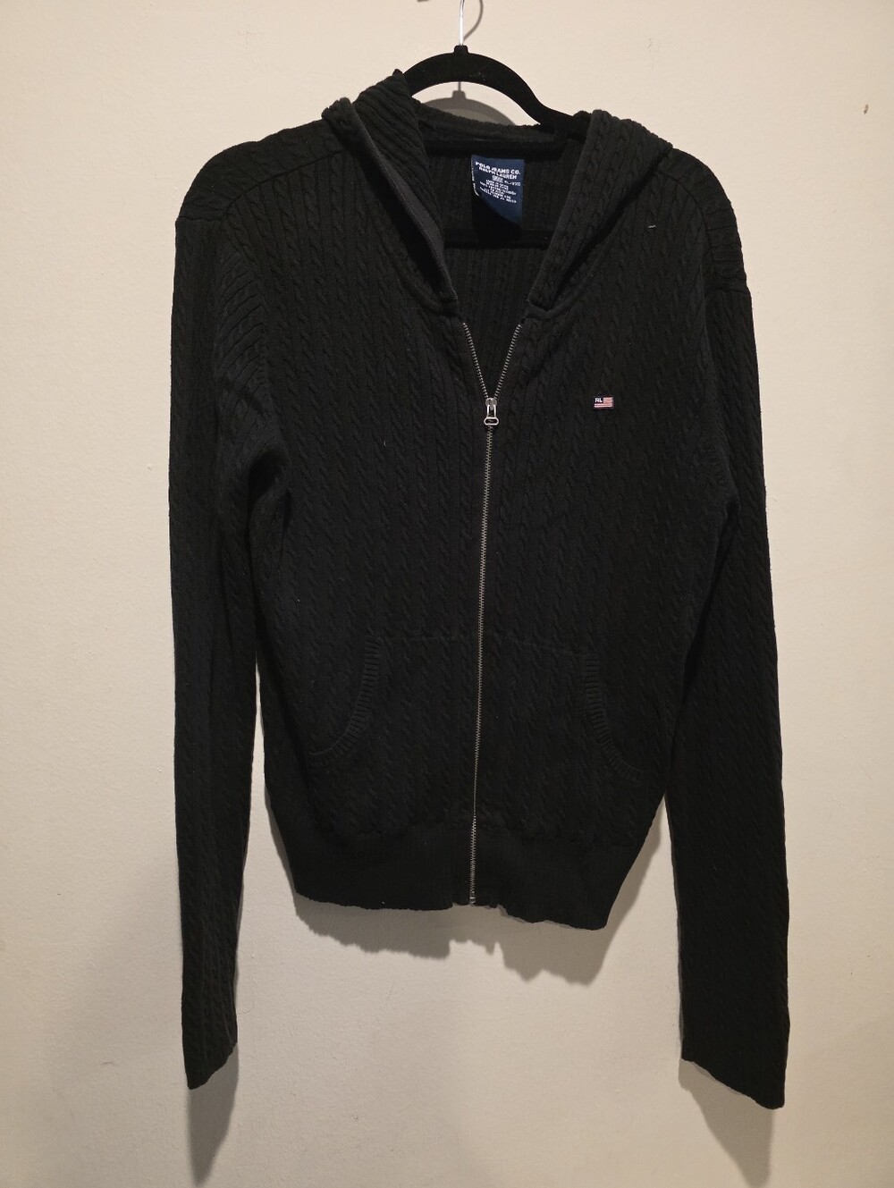 Vintage Polo Jeans Co Ralph Lauren Black Cable Knit Full Zip Hoodie XL Y2k